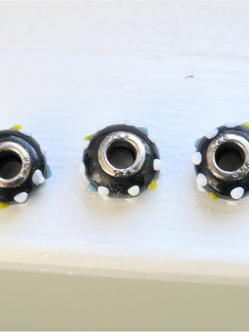 Sterling Black Glass Daisy Dot European Charm Bead